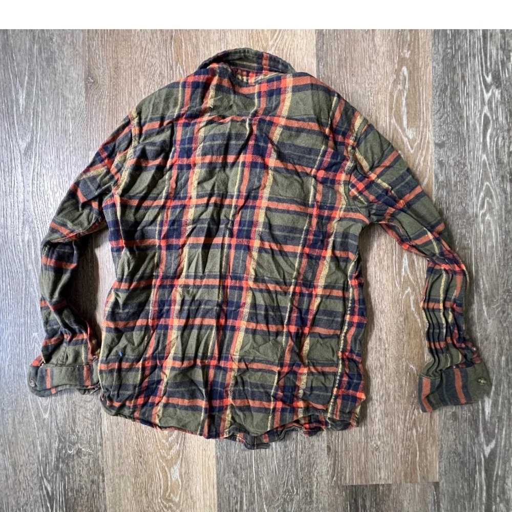 Old‎ Navy Flannel Shirt Kids Size L 10-12 Olive Green Orange Plaid Button Down